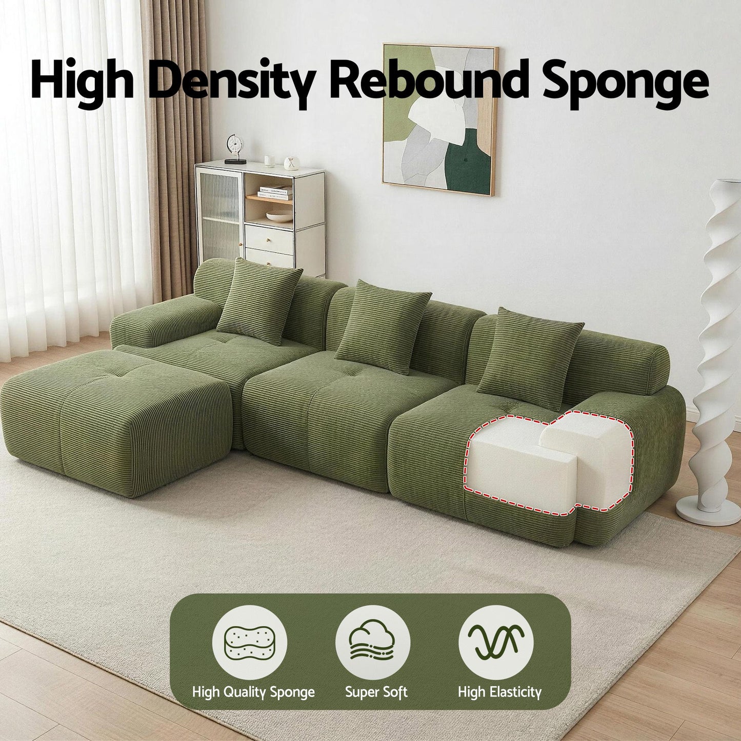 TWSC 300cm Modular Sofa Bed Comfort L-Shaped Sectional Boneless Couch Green