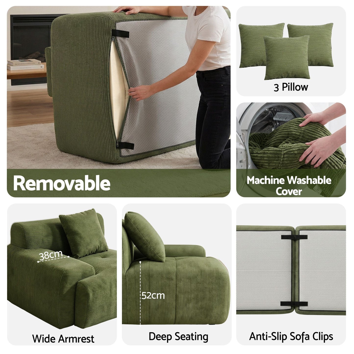 TWSC 300cm Modular Sofa Bed Comfort L-Shaped Sectional Boneless Couch Green