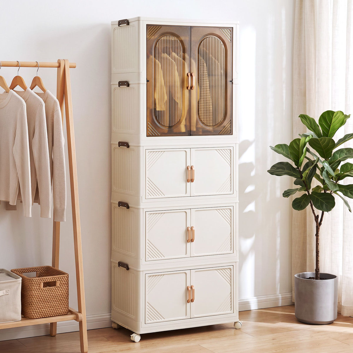 TWSC Foldable Storage Cabinet Stackable Box Wardrobe Clear Magnetic Door White