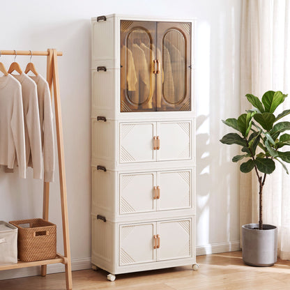 TWSC Foldable Storage Cabinet Stackable Box Wardrobe Clear Magnetic Door White