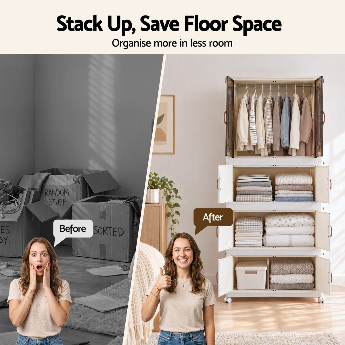TWSC Foldable Storage Cabinet Stackable Box Wardrobe Clear Magnetic Door White