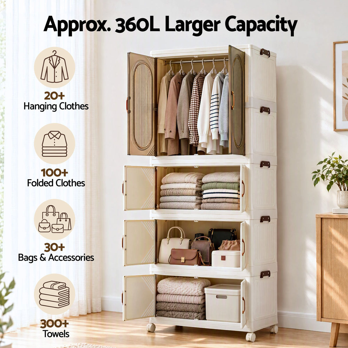 TWSC Foldable Storage Cabinet Stackable Box Wardrobe Clear Magnetic Door White