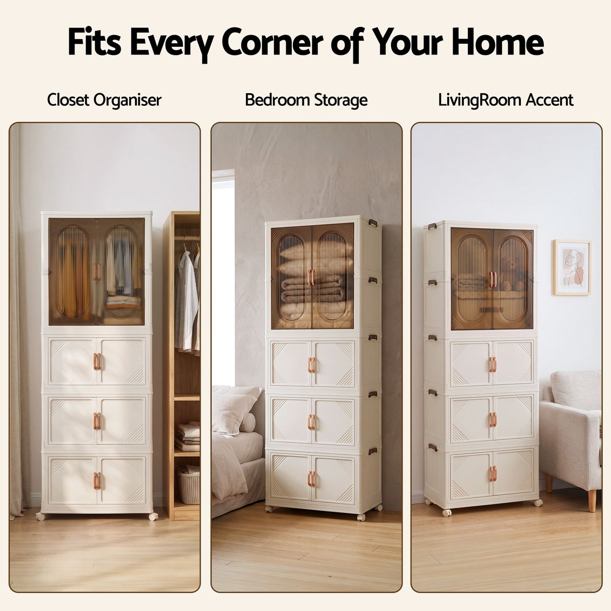 TWSC Foldable Storage Cabinet Stackable Box Wardrobe Clear Magnetic Door White