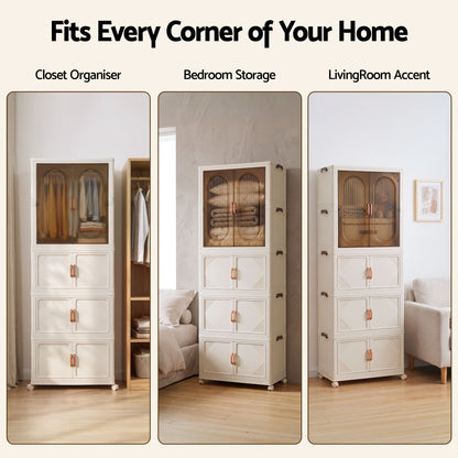 TWSC Foldable Storage Cabinet Stackable Box Wardrobe Clear Magnetic Door White