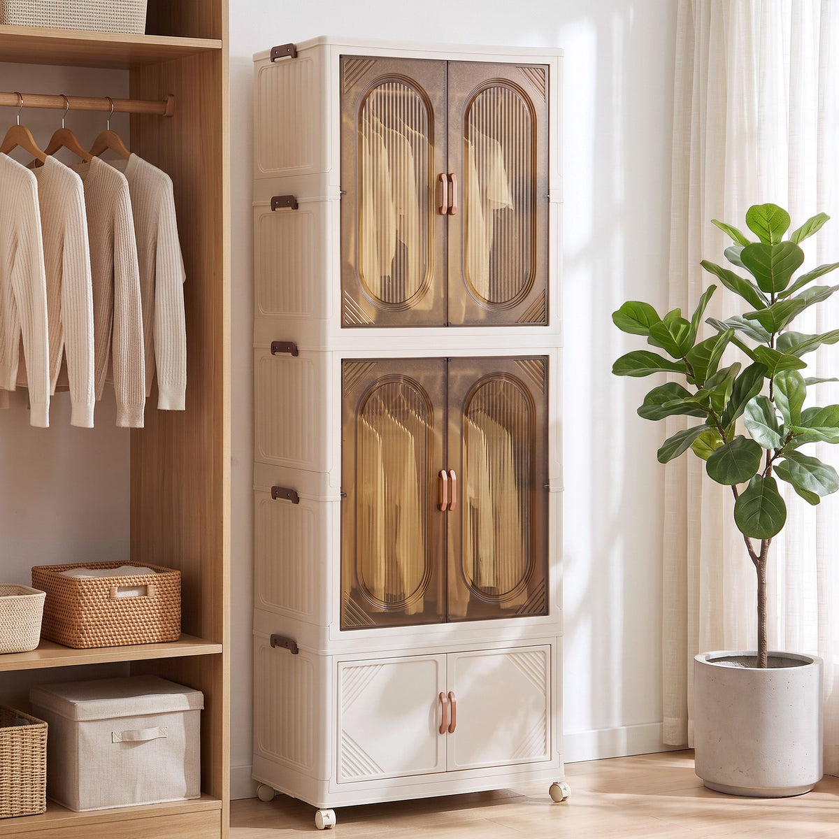 TWSC Foldable Storage Cabinet Stackable Wardrobe Box Clear Magnetic Door White