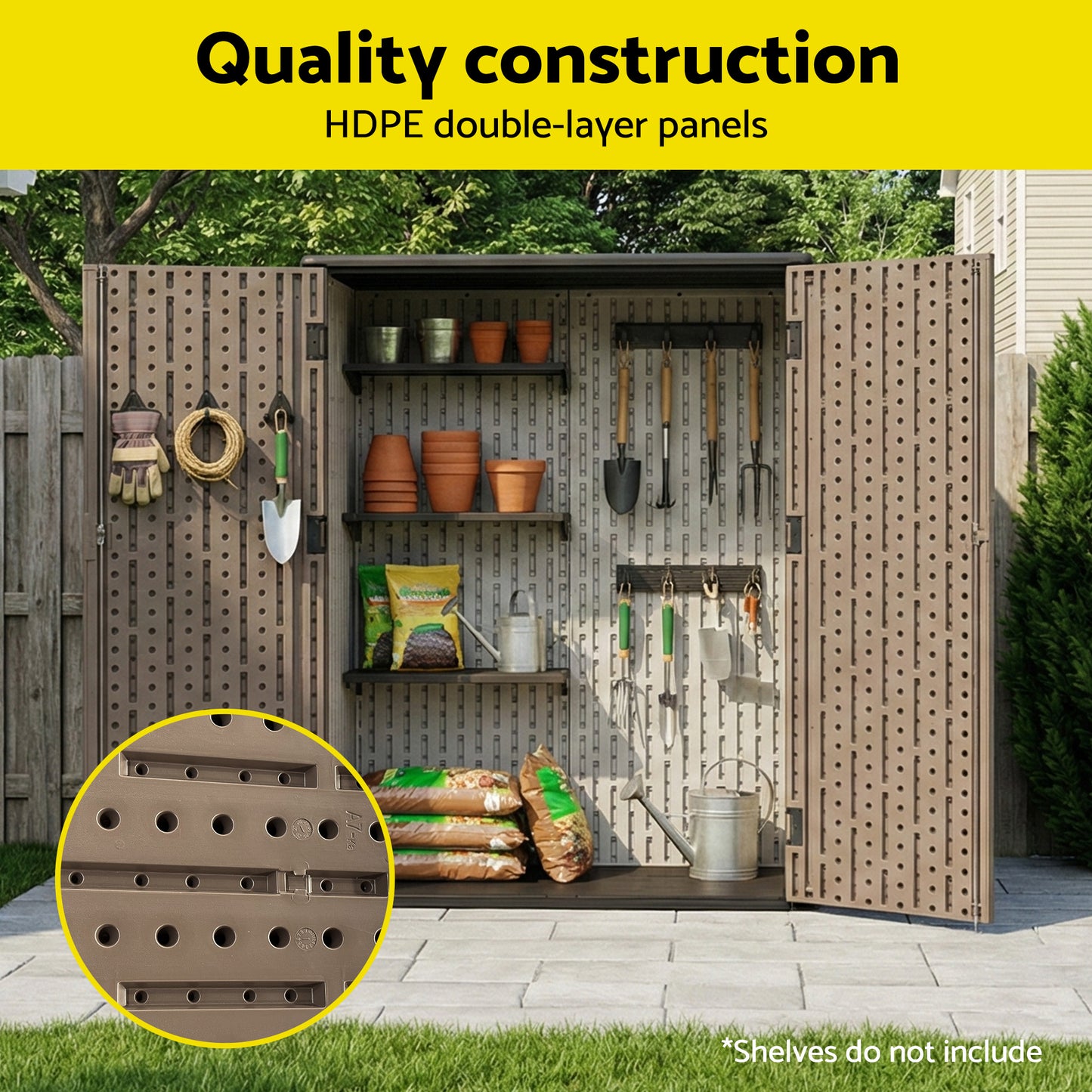Garden Shed – Lockable Outdoor Storage, HDPE & Steel Frame, Grey/Brown
