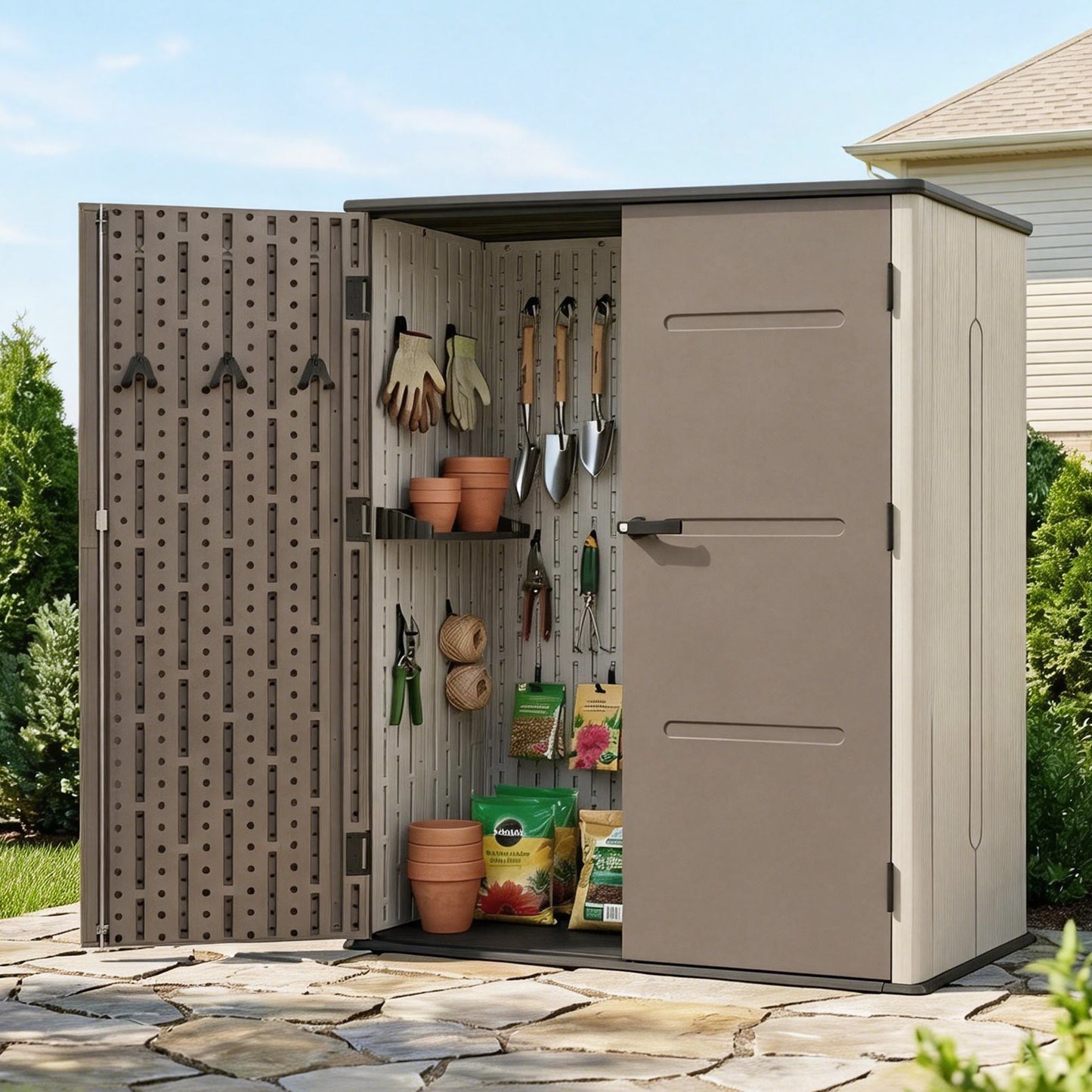 Garden Shed – Lockable Outdoor Storage, HDPE & Steel Frame, Grey/Brown