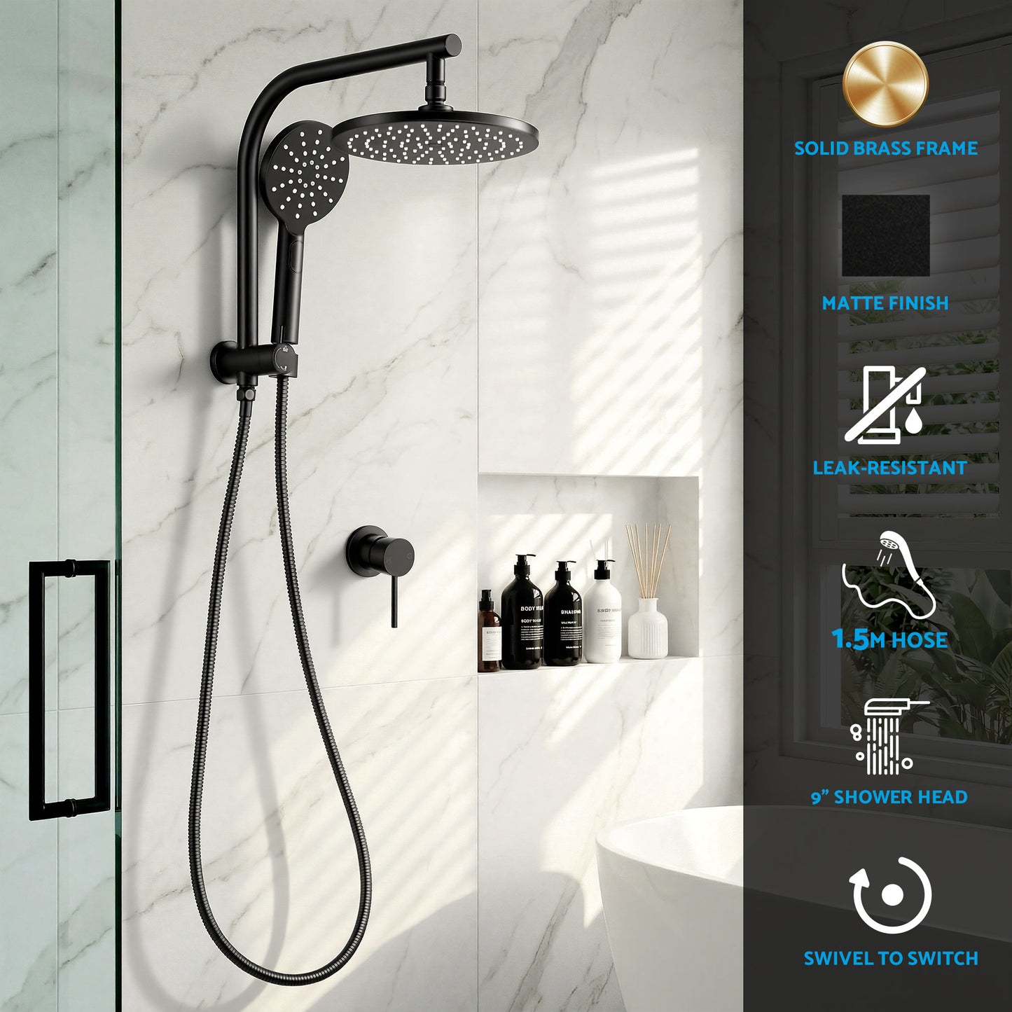 Rainfall Shower Head Set – 9" Chrome High Pressure with Handheld Mixer Tap