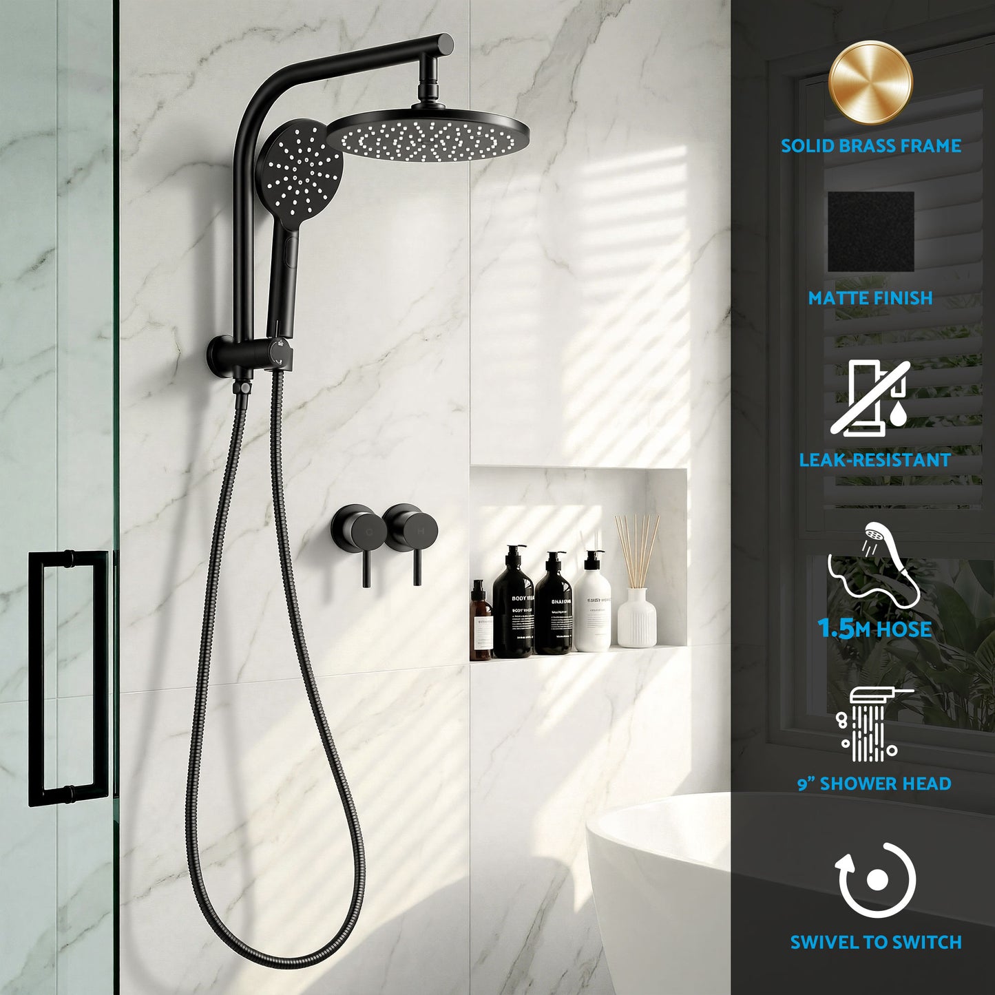 Rain Shower Head Set – 9" Chrome High Pressure with Handheld Twin Tap