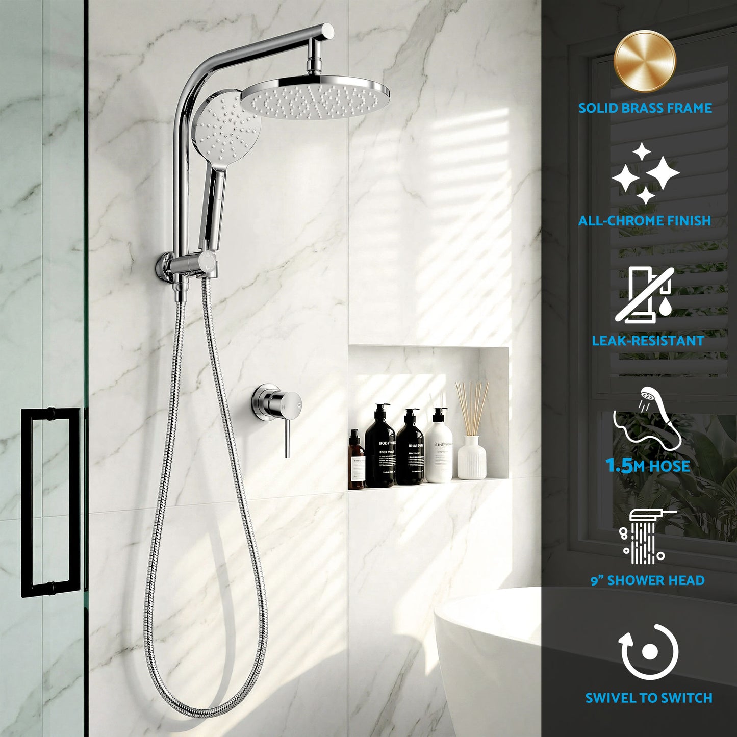 Rainfall Shower Head Set – 9" Chrome High Pressure with Handheld Mixer Tap