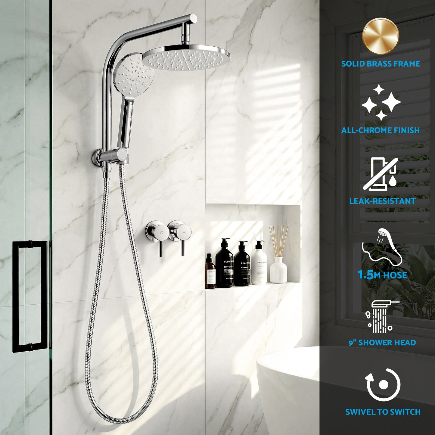 Rain Shower Head Set – 9" Chrome High Pressure with Handheld Twin Tap