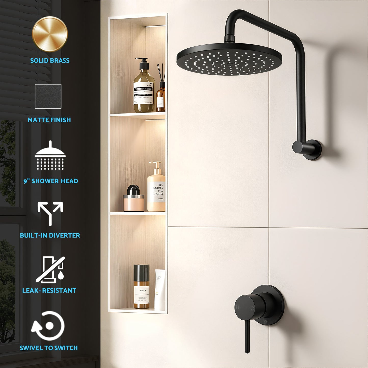 Rainfall Overhead Shower Head and Wall Mixer – 9" Matte Black Brass
