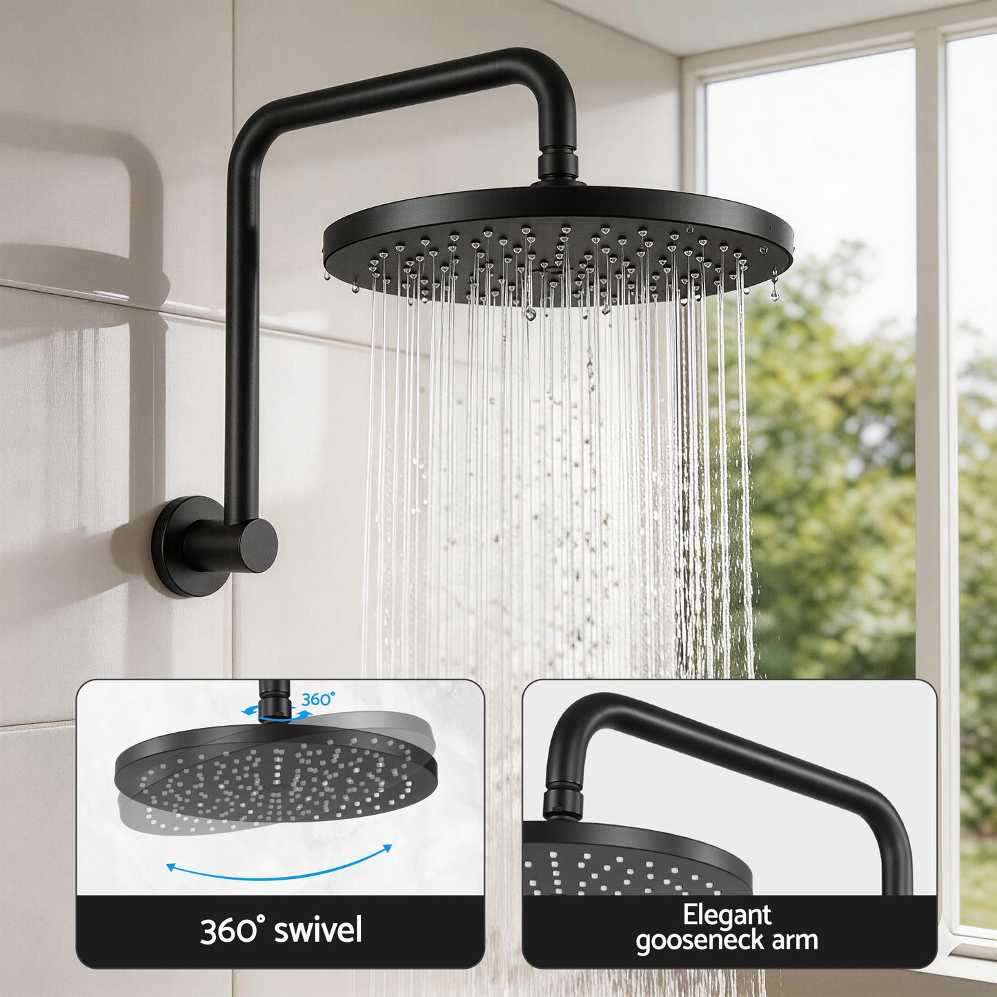 Rainfall Overhead Shower Head and Wall Mixer – 9" Matte Black Brass