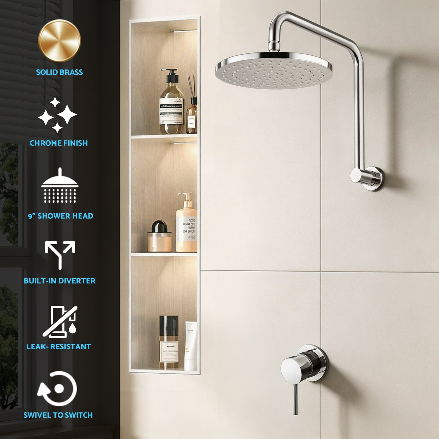 Rainfall Overhead Shower Head with Matte Black Wall Mixer – 8" Brass Design
