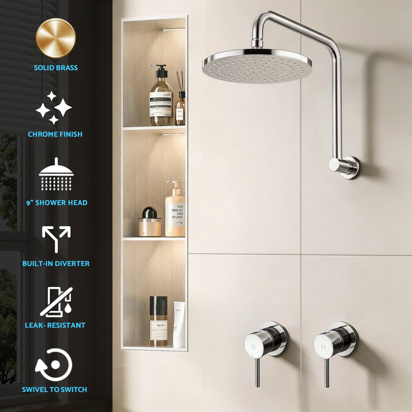 Rain Overhead Swivel Shower Head – 9" Silver Brass Design