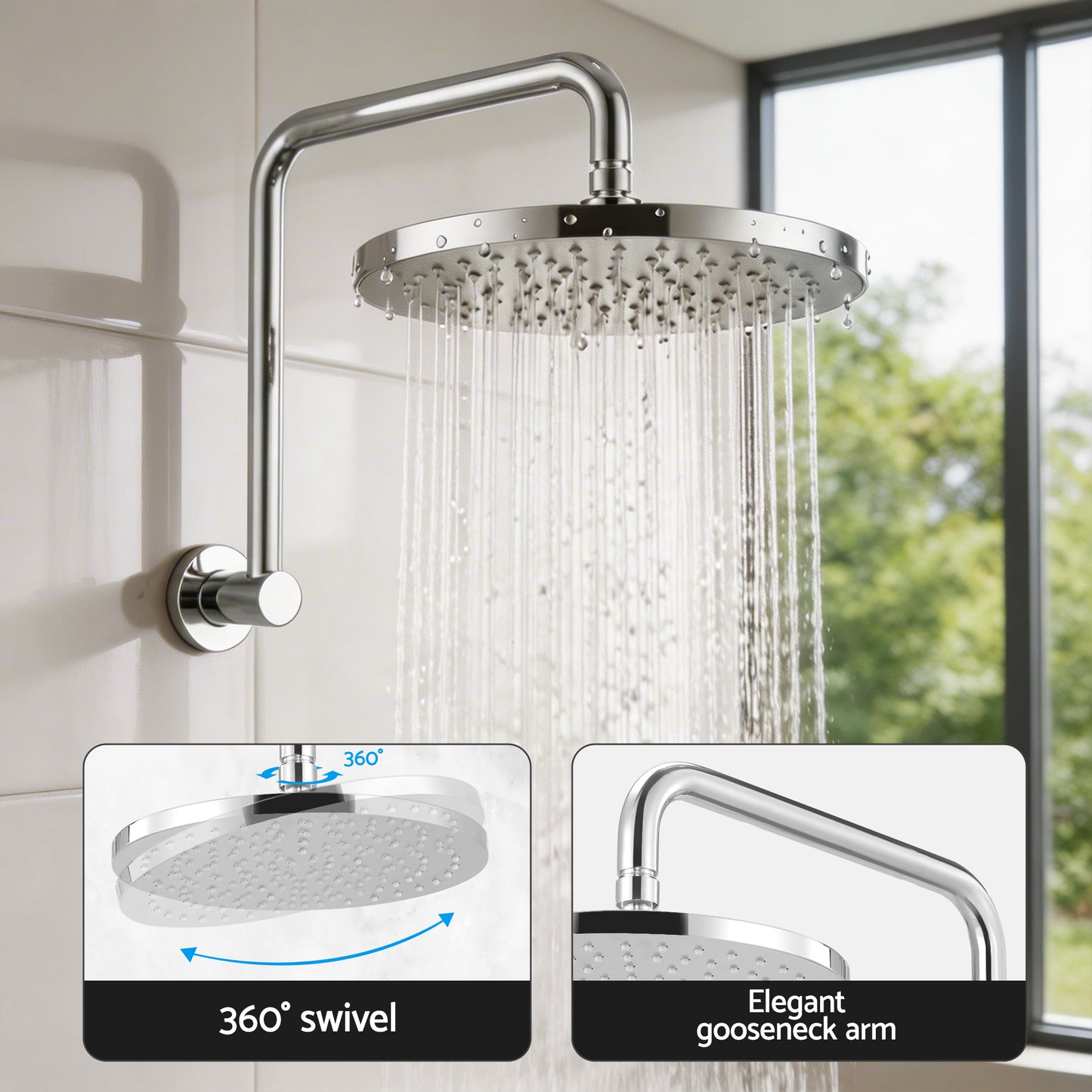 Rain Overhead Swivel Shower Head – 9" Silver Brass Design