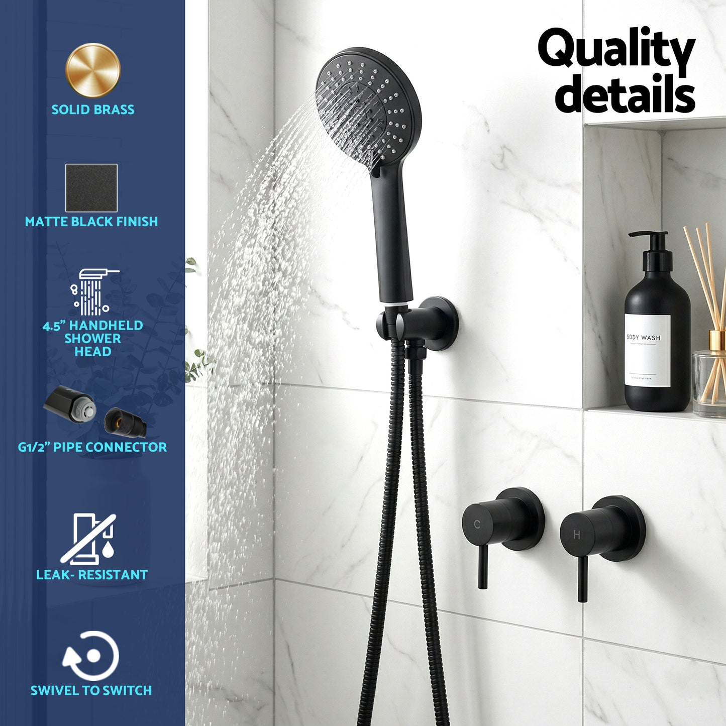 Handheld Shower Head – 4.5" Round, Matte Black, Water-Saving Filter