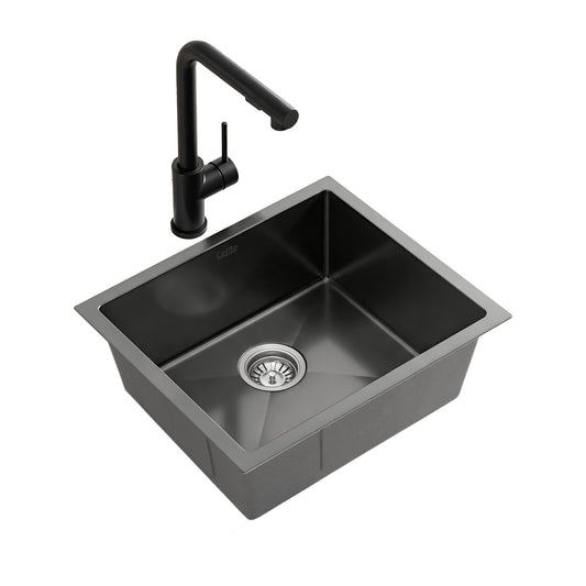 Stainless Steel Kitchen Sink with Pull-Out Mixer Tap – 44x44 cm, Black