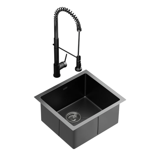 Stainless Steel Kitchen Sink with Pull-Out Mixer Tap – Single Bowl, 51x45cm, Black
