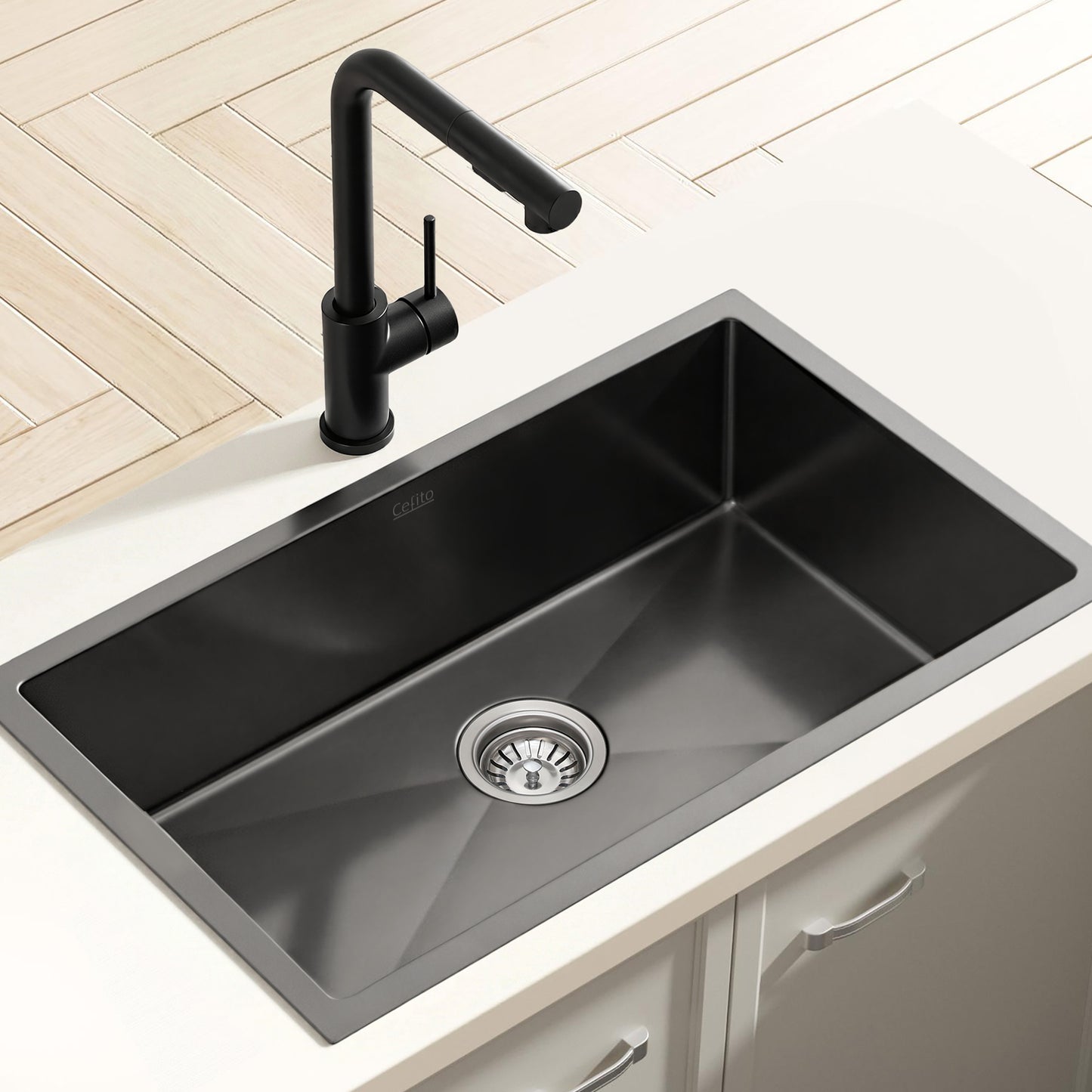 Stainless Steel Kitchen Sink with Pull-Out Mixer Tap – 60x45cm, Black