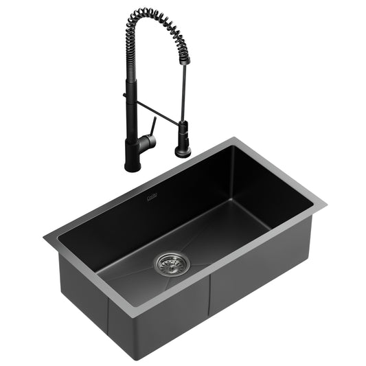 Stainless Steel Kitchen Sink with Pull-Out Mixer Tap – 70x45cm, Black