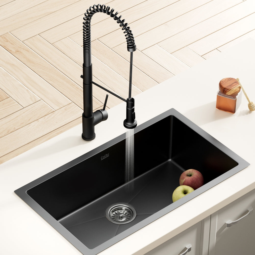 Stainless Steel Kitchen Sink with Pull-Out Mixer Tap – 70x45cm, Black