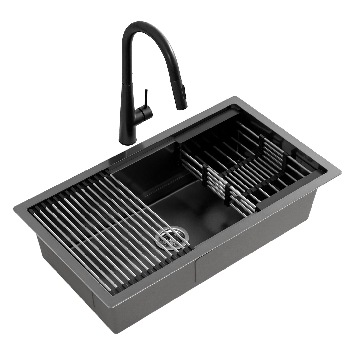 Stainless Steel Kitchen Sink with Pull-Out Mixer Tap – 70x45cm, Black
