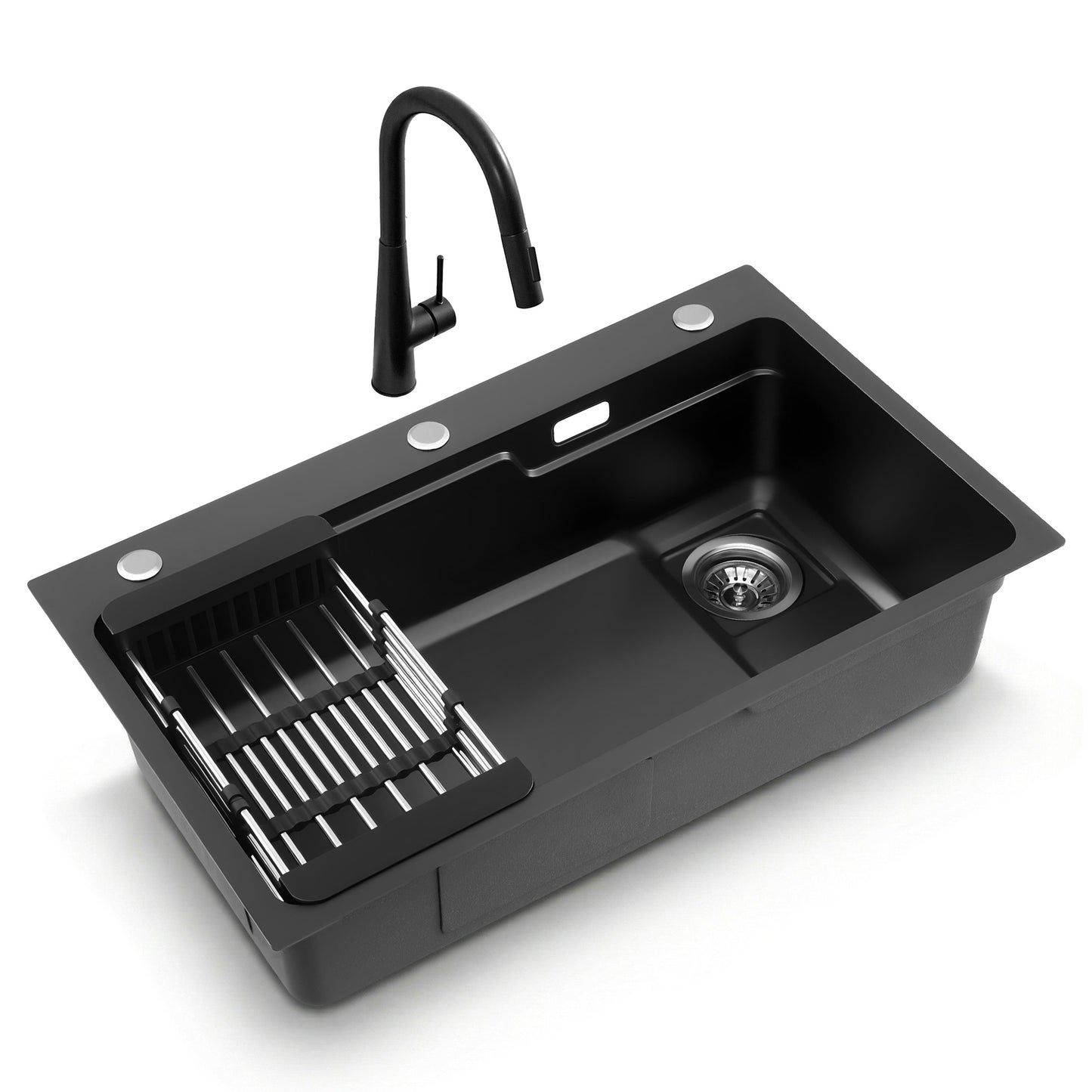 Stainless Steel Kitchen Sink with Pull-Out Mixer Tap – 75x45cm, Black