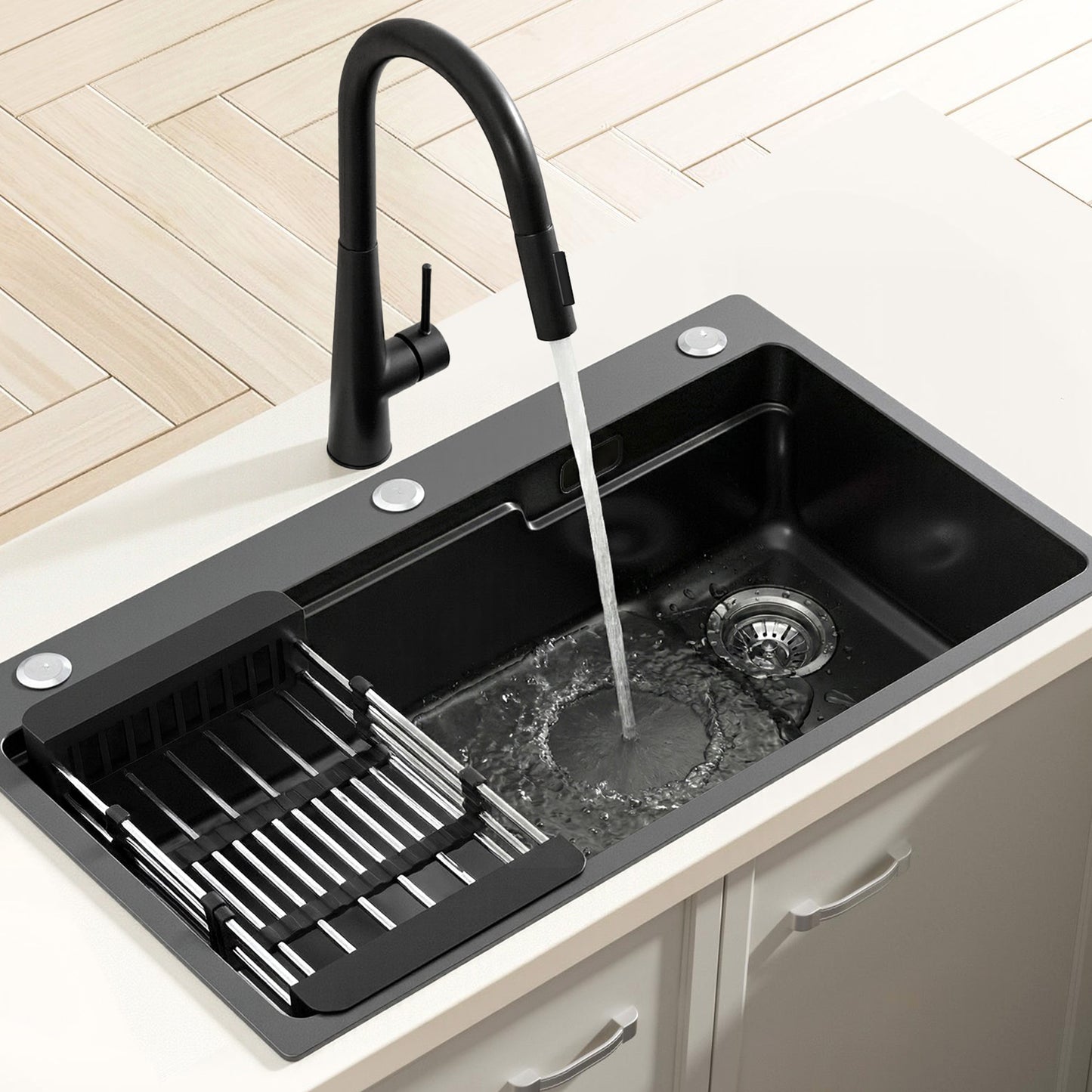Stainless Steel Kitchen Sink with Pull-Out Mixer Tap – 75x45cm, Black