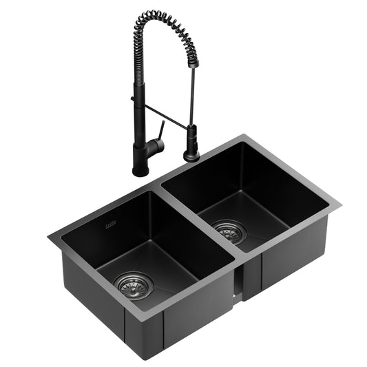 Stainless Steel Double Bowl Kitchen Sink with Pull-Out Black Mixer Tap, 77x45cm