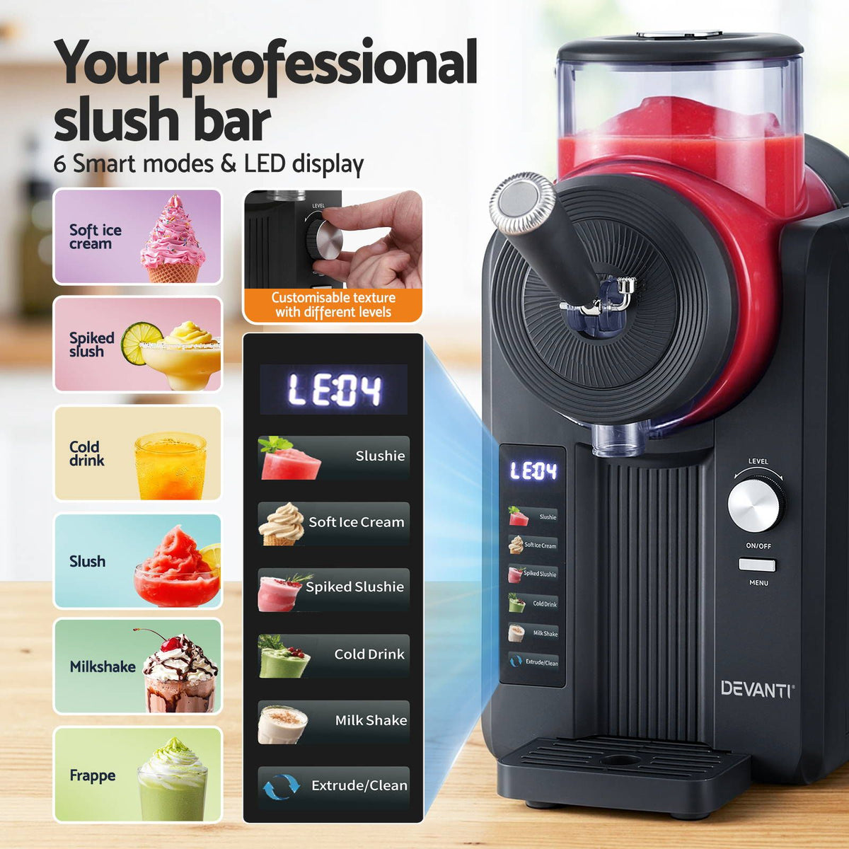 Devanti 2L Slushie Machine Ice Cream Maker Frozen Smoothies Milkshakes Black