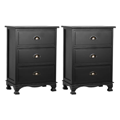 TWSC 2x Bedside Table 3 Drawers Vintage - THYME Black