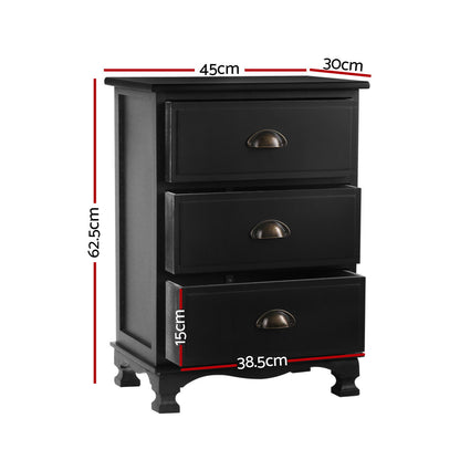 TWSC 2x Bedside Table 3 Drawers Vintage - THYME Black