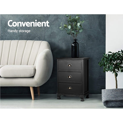 TWSC 2x Bedside Table 3 Drawers Vintage - THYME Black