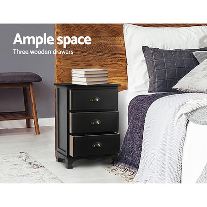 TWSC 2x Bedside Table 3 Drawers Vintage - THYME Black