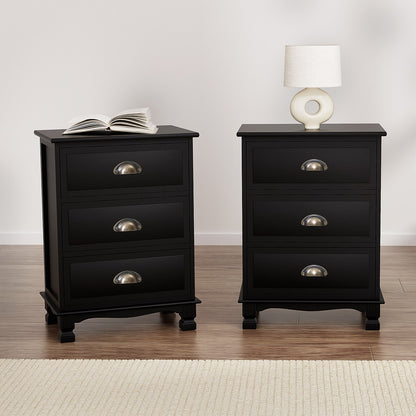 TWSC 2x Bedside Table 3 Drawers Vintage - THYME Black