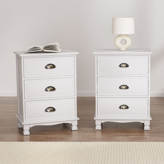 TWSC 2x Bedside Table 3 Drawers Vintage - THYME White