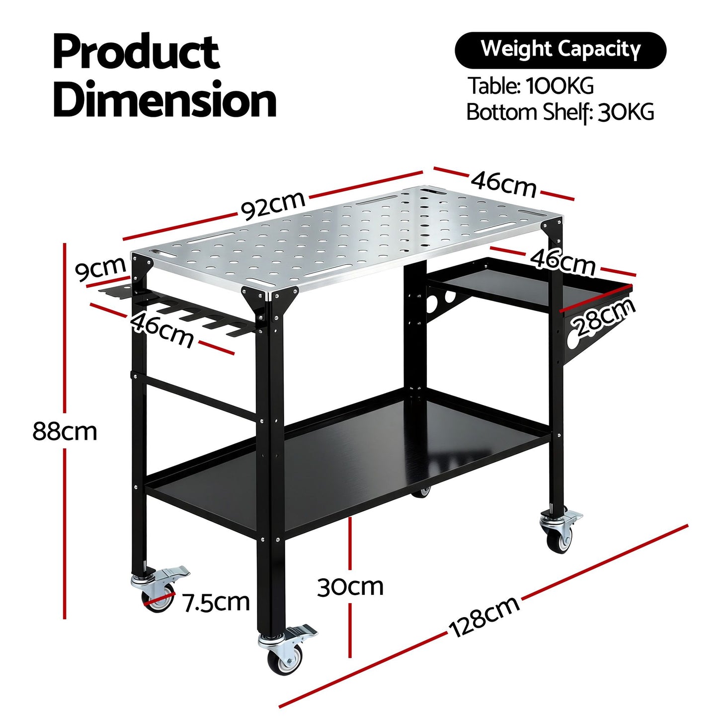 Welding Table Cart – Mobile Workstation with Tool Storage, 130kg Capacity