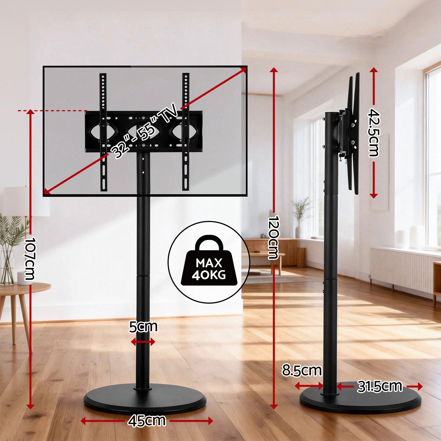 Mobile TV Stand with Wheels – Adjustable Height & Tilt for 32-55 Inch TVs