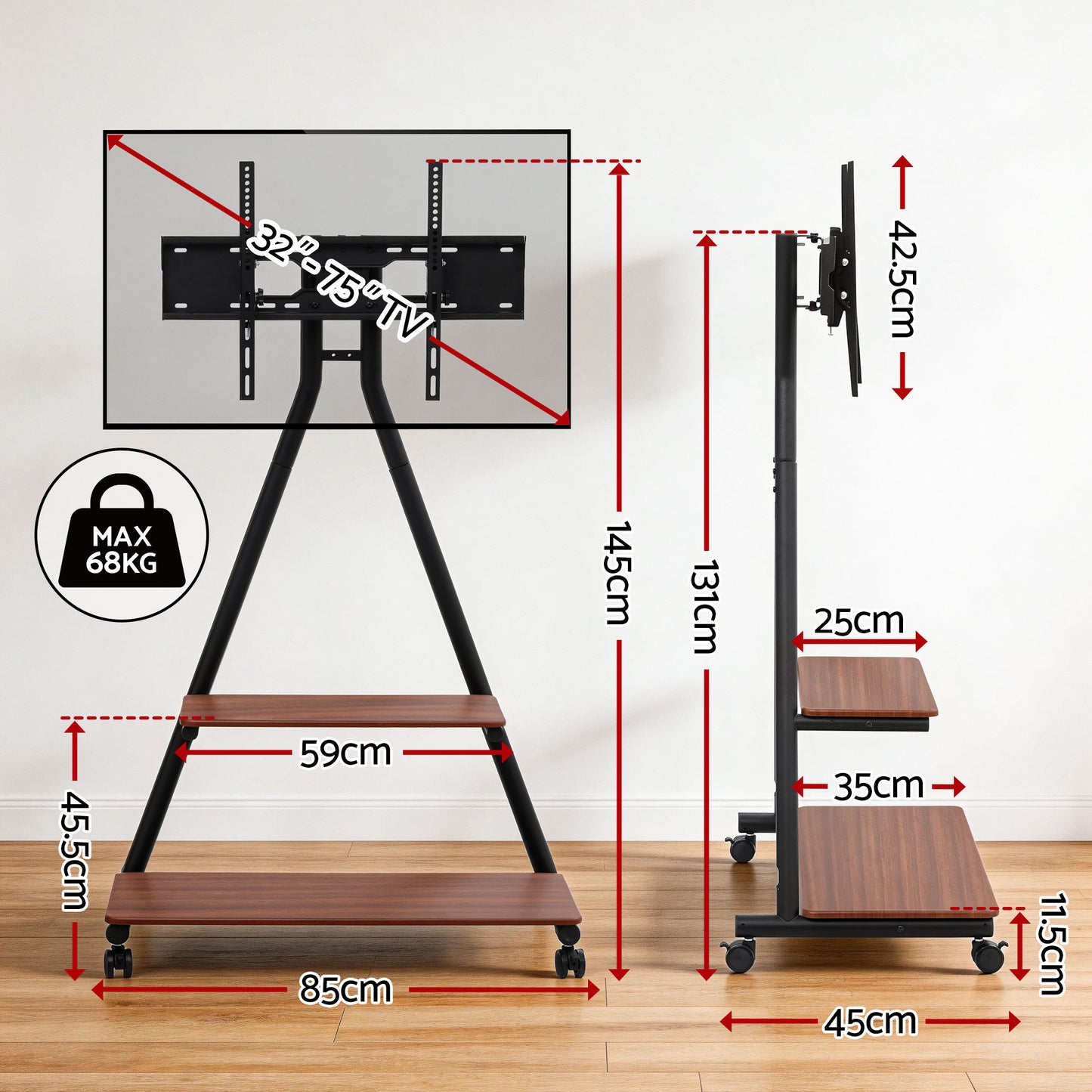 Mobile TV Stand with Wheels – Heavy Duty Mount for 32-75" TVs, Steel Frame