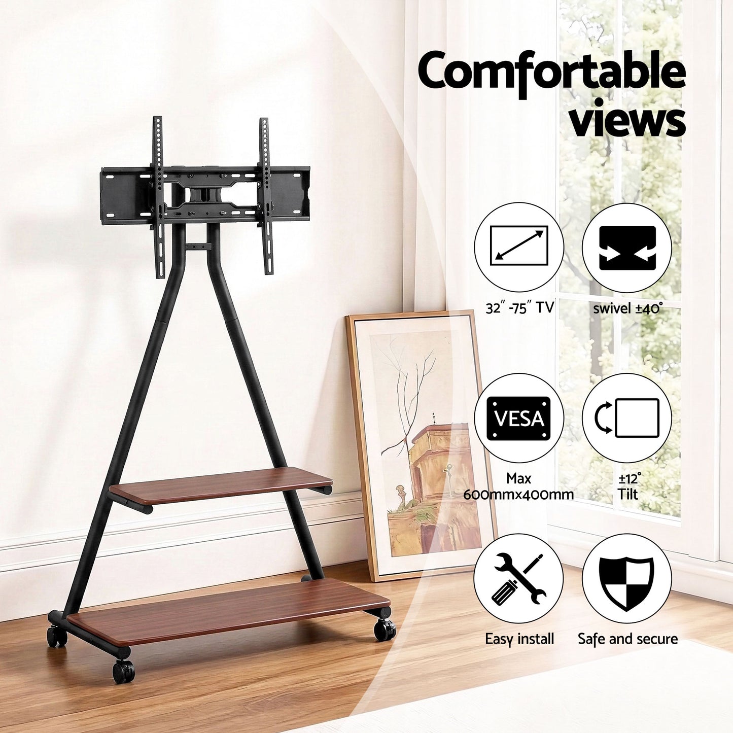 Mobile TV Stand with Wheels – Heavy Duty Mount for 32-75" TVs, Steel Frame
