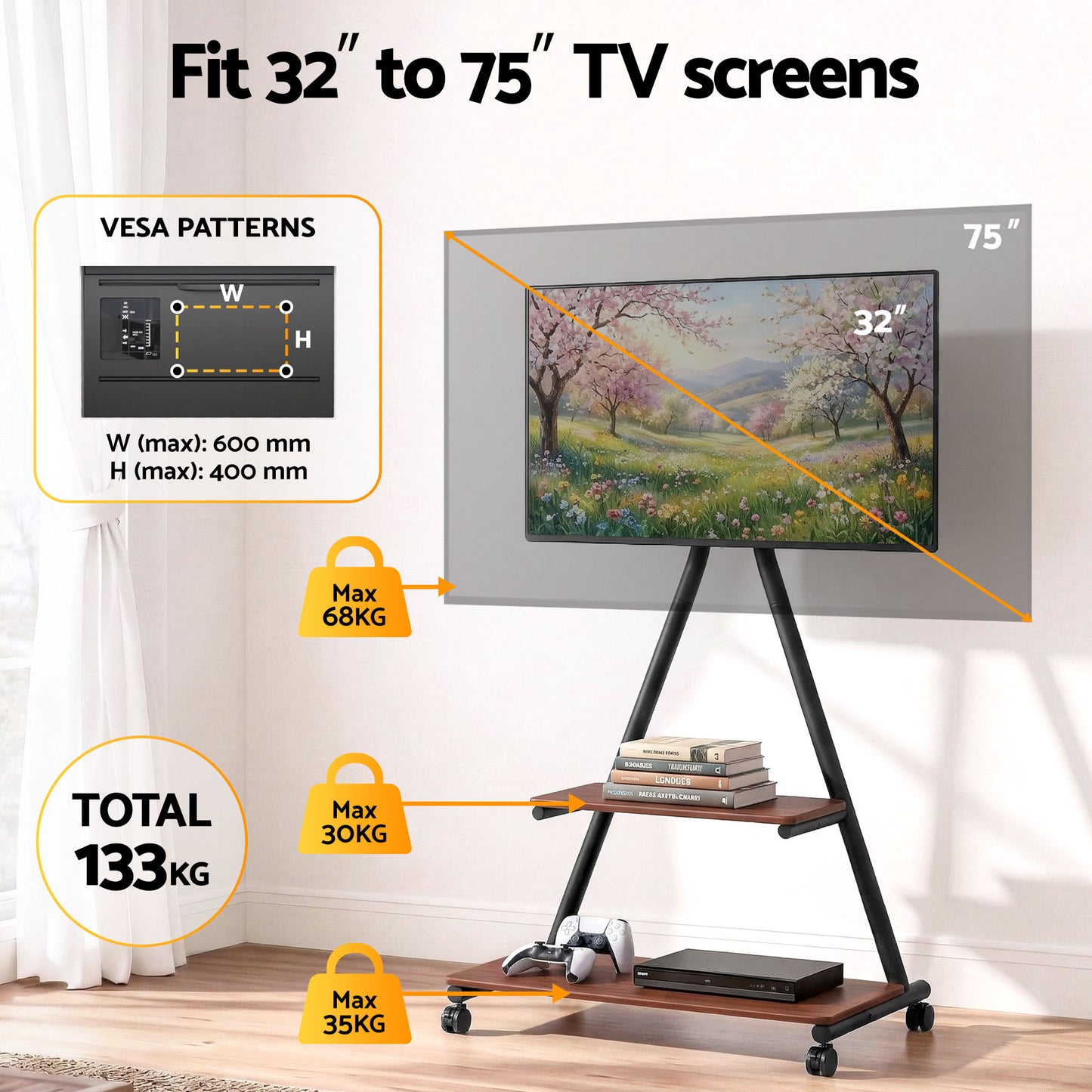 Mobile TV Stand with Wheels – Heavy Duty Mount for 32-75" TVs, Steel Frame