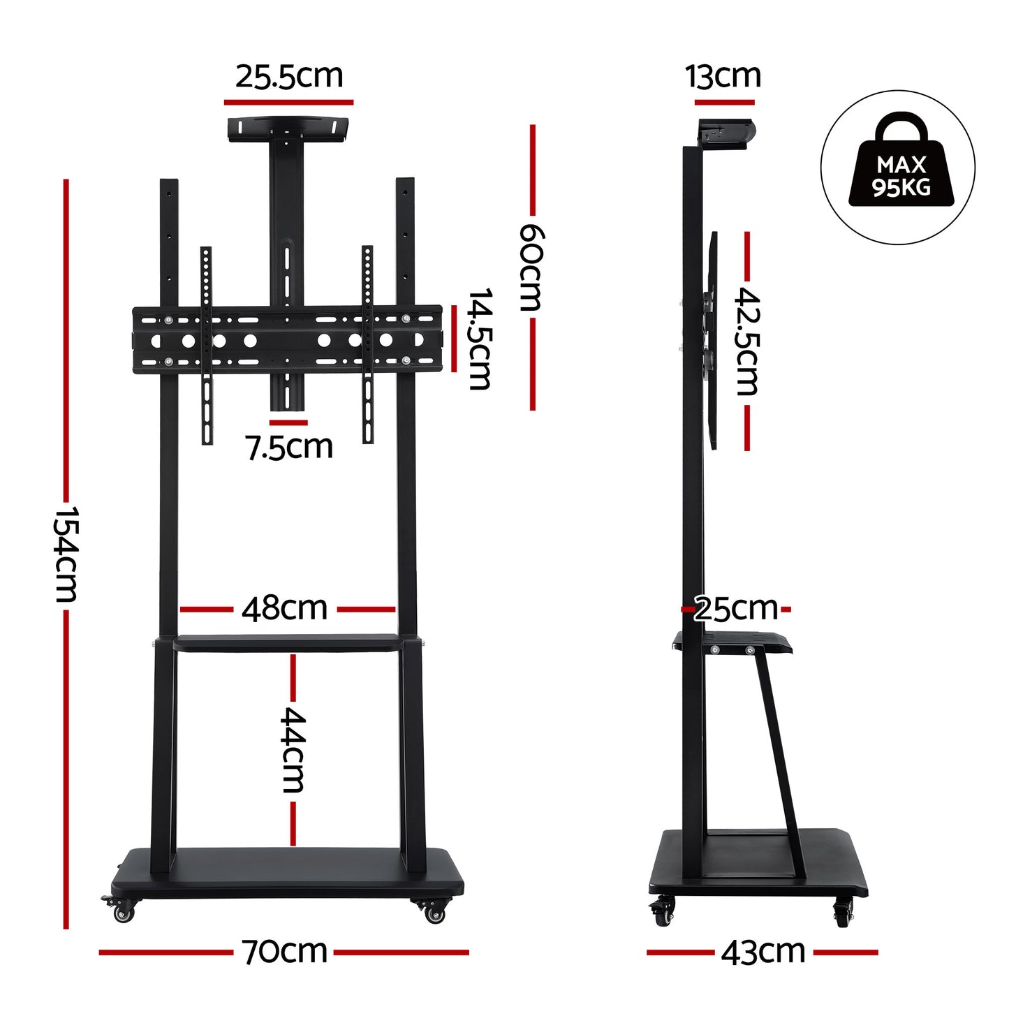 TV Stand with Adjustable Height and Lockable Wheels – Fits 32-70" TVs, Black Steel