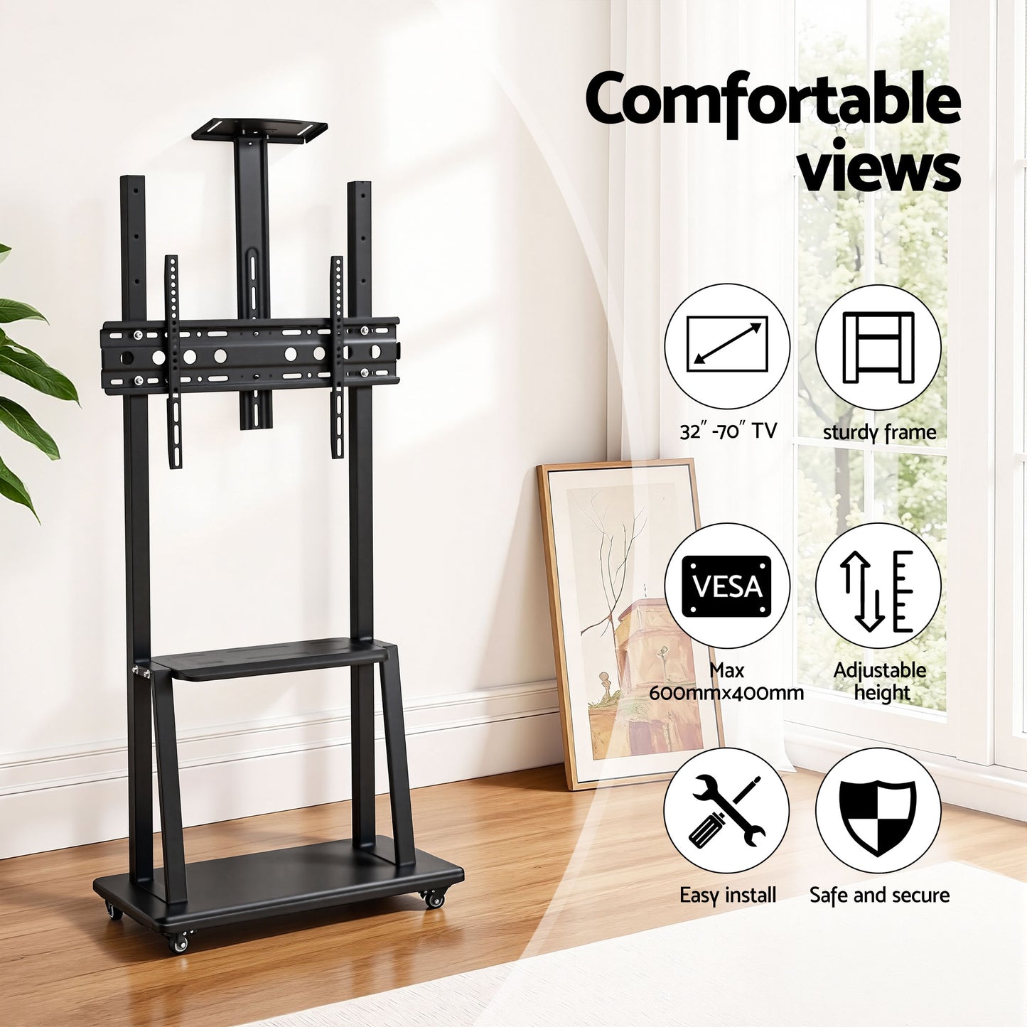 TV Stand with Adjustable Height and Lockable Wheels – Fits 32-70" TVs, Black Steel