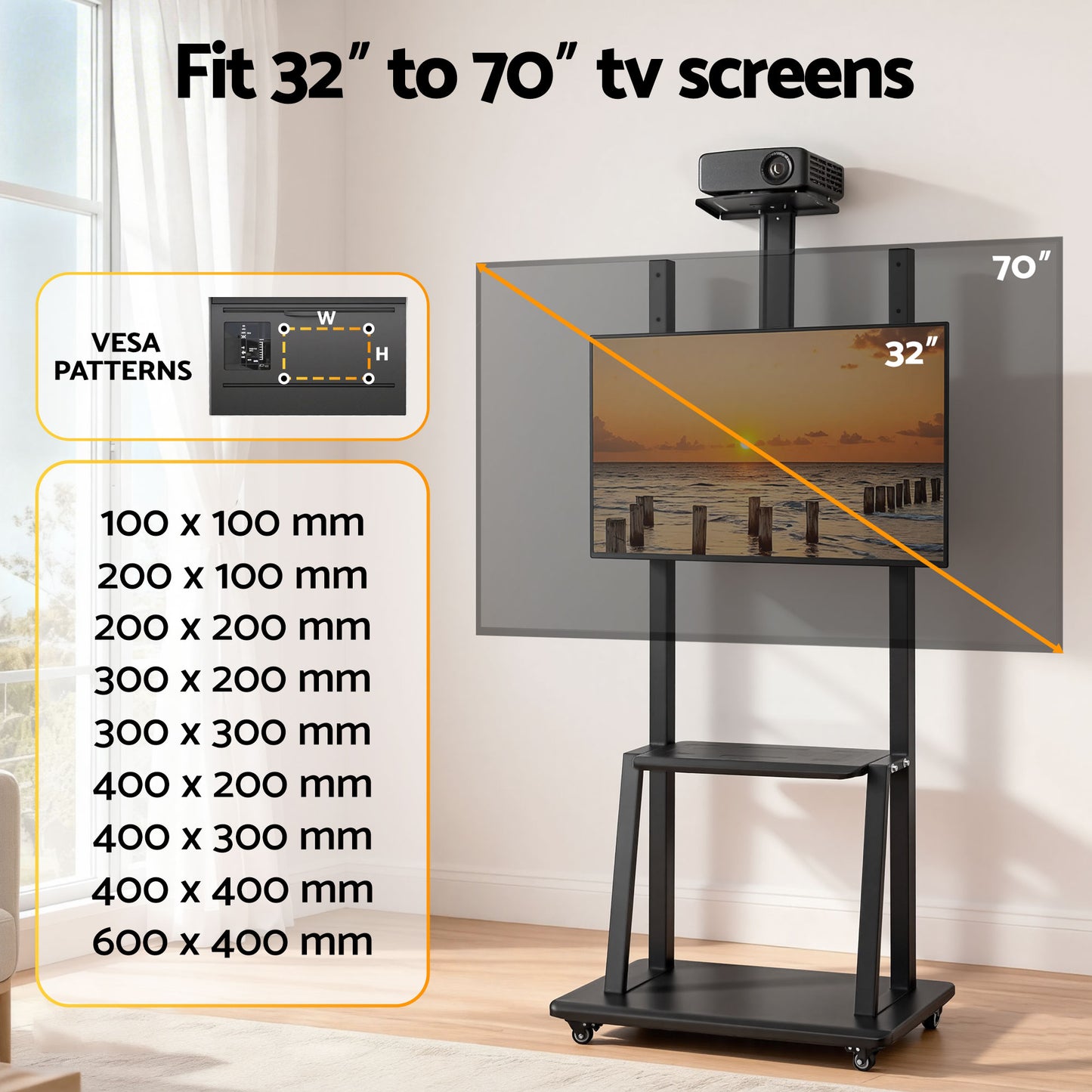 TV Stand with Adjustable Height and Lockable Wheels – Fits 32-70" TVs, Black Steel