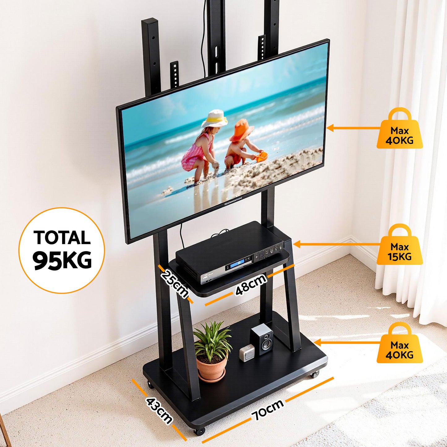 TV Stand with Adjustable Height and Lockable Wheels – Fits 32-70" TVs, Black Steel