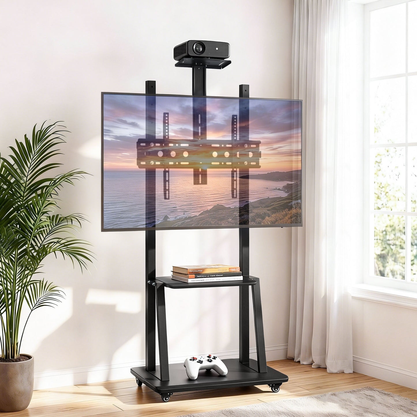 TV Stand with Adjustable Height and Lockable Wheels – Fits 32-70" TVs, Black Steel