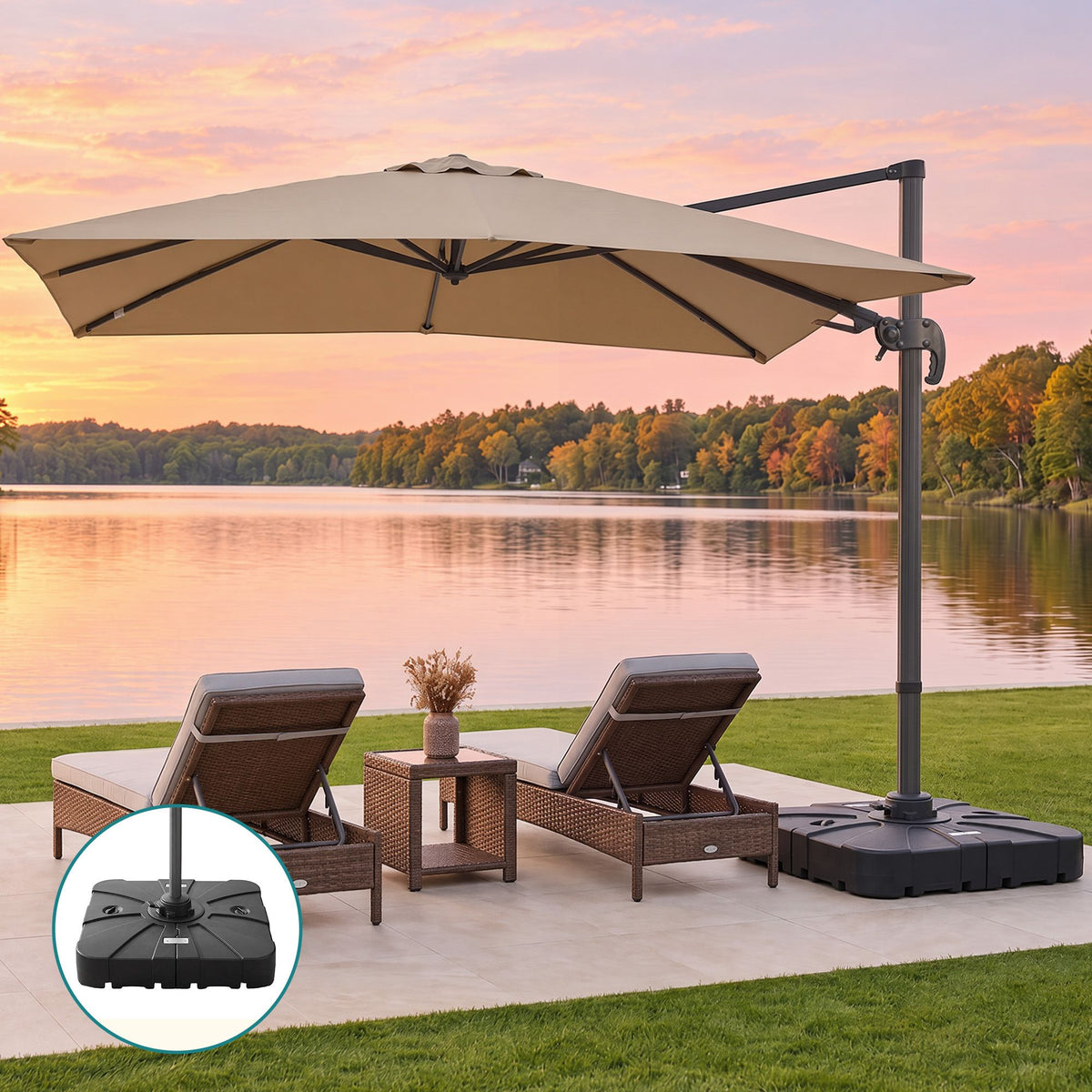 Instahut 3m Cantilever Umbrella with Base – Beige — beige cantilever umbrella beside a lake with circular base inset