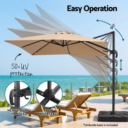 Instahut 3m Cantilever Umbrella with Base – Beige — canopy movement and controls infographic