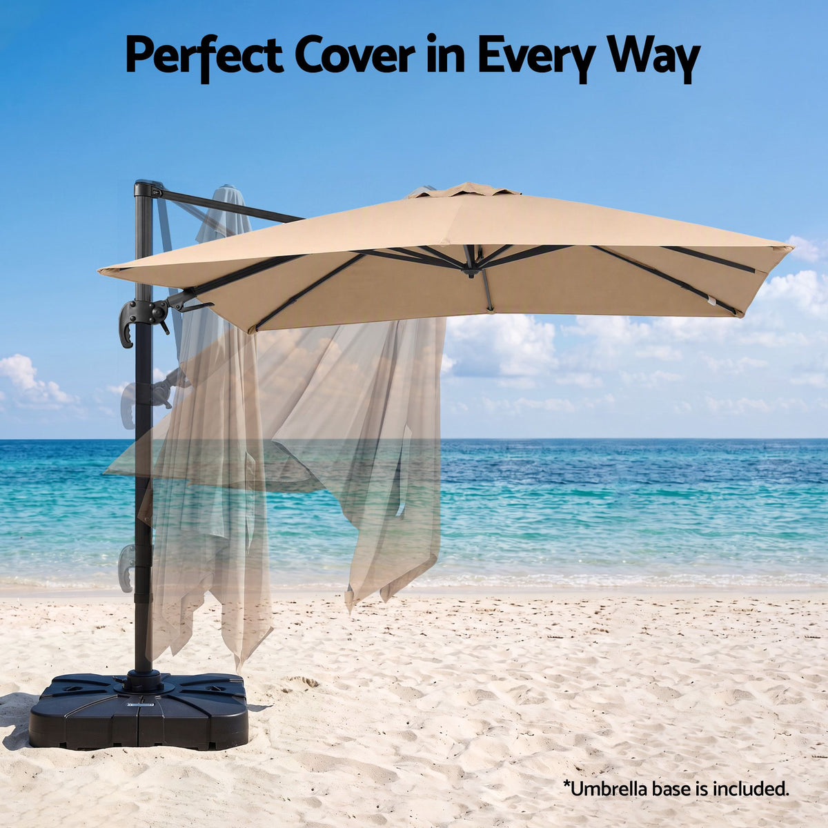 Instahut 3m Cantilever Umbrella with Base – Beige — umbrella in a beach setting with feature heading